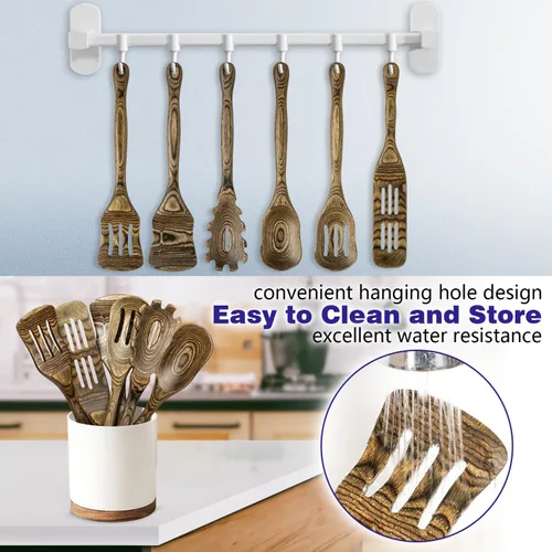 Vista 3 de Juego de utensilios de cocina de madera de Pakkawood de 6 piezas Cucharas de cocina de madera con espátula ranurada, volteador, cuchara