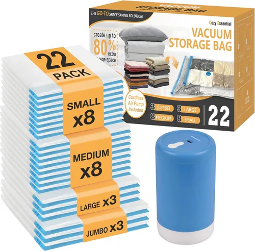 Vista 9 de Cozy Essential Bolsas de almacenamiento al vacío de viaje con bomba USB recargable inalámbrica, bolsas ahorradoras de espacio para equipaje, maleta