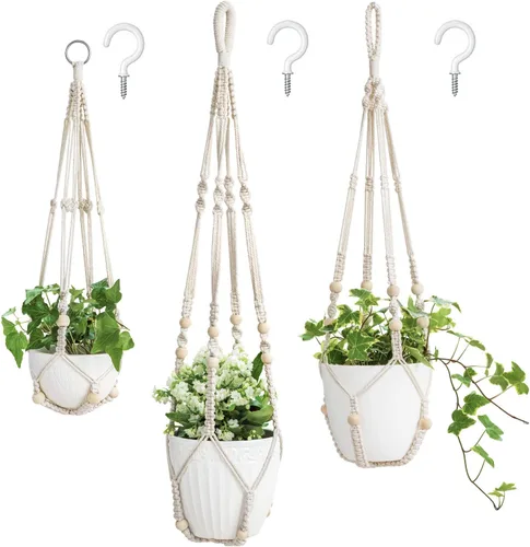 Vista 8 de Mkono Paquete de 3 ganchos de macramé para plantas de interior de diferentes tamaños, cesta colgante para macetas con cuentas sin borlas, 43 Marrón