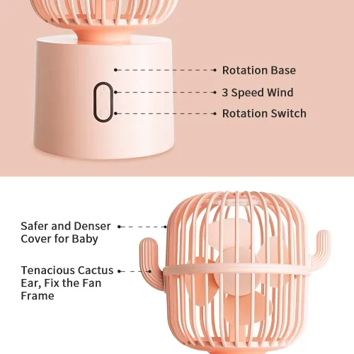Vista 8 de Ventilador de escritorio pequeño USB de escritorio, ventilador personal, Cactus Mini recargable de mano de 80 grados, rotación automática de 3