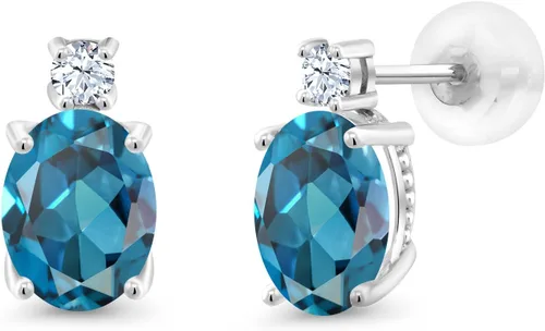 Gem Stone King 14K White Gold Gemstone Birthstone Stud Earrings For Women Oval 8X6MM with Round 2.5MM Accents Elegant Two-Stone Design Classic