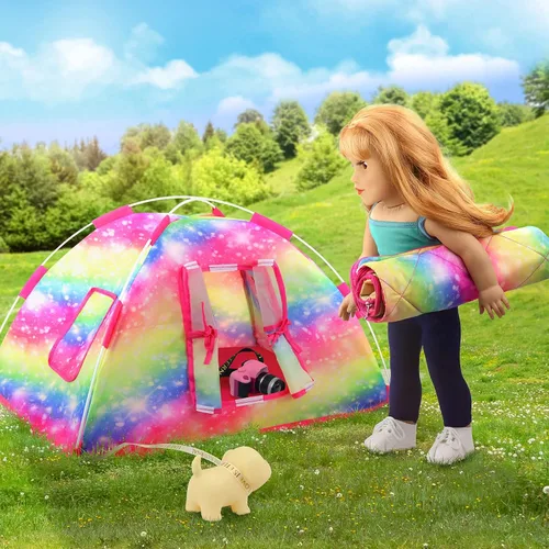 Vista 3 de ZITA ELEMENT Juego de tienda de campaña de moda para accesorios de muñeca de 18 pulgadas, incluye tienda de campaña de muñeca de 18 pulgadas, saco