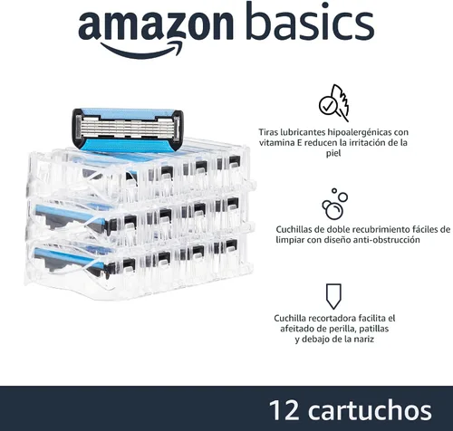 Vista 2 de Amazon Basics Recambios de maquinilla de afeitar de 5 cuchillas para hombres con doble lubricación, hipoalergénico, afeitado limpio, recortador
