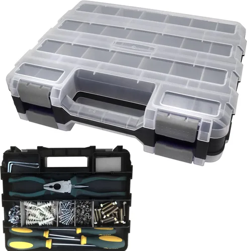 Vista 10 de Caja organizadora de herramientas, caja de almacenamiento de piezas pequeñas, 50 compartimentos, organizadores de hardware de doble cara