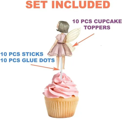 Vista 4 de Decoración para cupcakes de hadas, 10 unidades, suministros de fiesta de cumpleaños de Woodland Pixie con diseños de hongos, mariposas, mariquitas