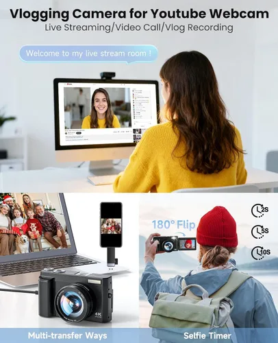 Vista 6 de Cámara digital 4K para fotografía, cámara de vlogging WiFi de 64MP para YouTube con enfoque automático, pantalla giratoria de 180° de 3", cámaras