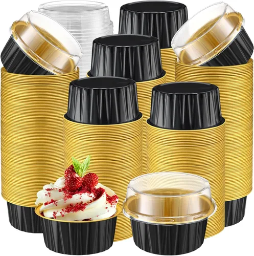 Vista 21 de Gejoy 400 tazas de papel de aluminio para hornear con tapas, moldes desechables de 5 onzas, mini moldes para tartas, moldes para magdalenas, moldes