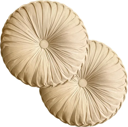 Vista 8 de Teieas Almohada Decorativa Redonda de Terciopelo para Decoración del Hogar Cojín Redondo Plisado para Sofá Silla Cama Automóvil (Albaricoque)