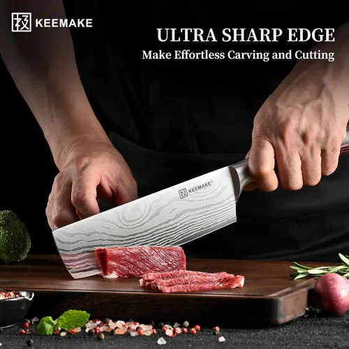 Vista 2 de Cuchillo Nakiri KEEMAKE para carne: Cuchillo de chef de cocina de 7 pulgadas, extremadamente afilado para cortar verduras, cuchillos de cocina