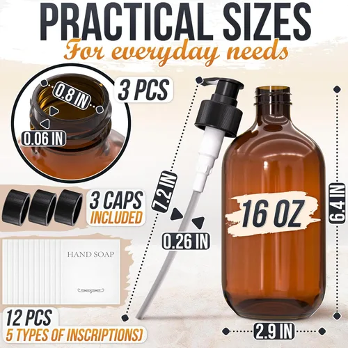 Vista 2 de Dispensador de jabón de plástico ámbar con bomba, juego de 3 botellas recargables de champú y acondicionador de 16 onzas, duradero y reutilizable