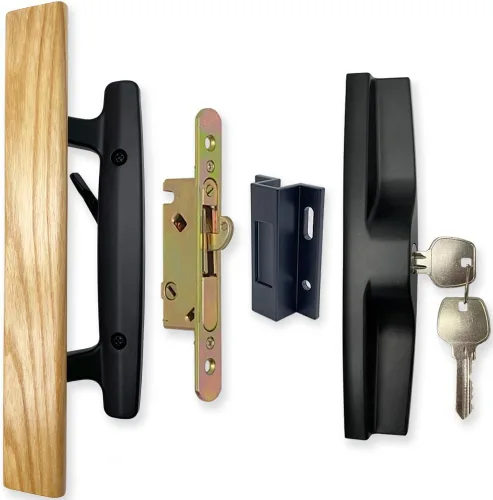 Vista 10 de ALLYWASAI Juego de manijas correderas para puerta de patio con cerradura de embutida, cilindro de llave y placa frontal, juego de cerradura de mango