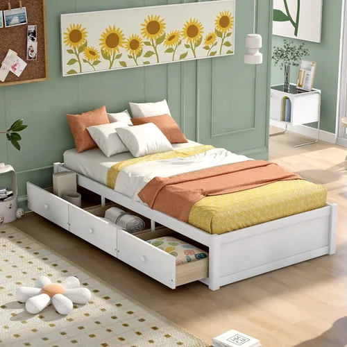 Base de cama de plataforma individual con 3 cajones de almacenamiento, cama de madera tamaño individual con listones de soporte, marco de cama