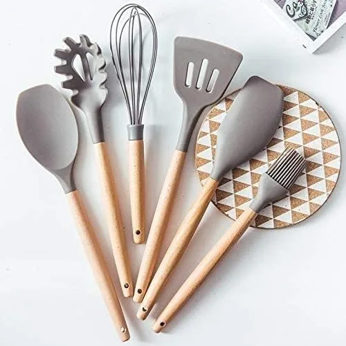 Vista 2 de Juego de utensilios de cocina de silicona, utensilios de cocina con mango de madera, utensilios de cocina, juego de espátula, pala y cuchara