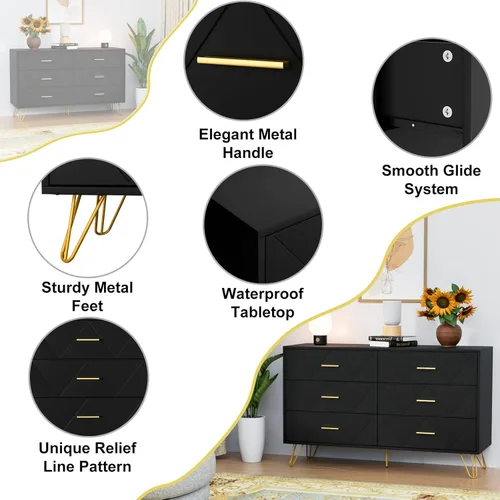 Vista 5 de CARPETNAL – Cómoda negra para dormitorio, cómoda de 6 cajones con cajones anchos y tiradores dorados, cómodas modernas de madera y cómoda