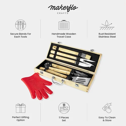 Vista 7 de Makerflo Juego de accesorios para parrilla de barbacoa, caja de herramientas de madera de arce, utensilios de acero inoxidable con guantes, kit