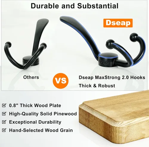 Vista 3 de Dseap Perchero de Pared Montado - 5 Ganchos Triangulares, Resistente, Perchero de Pared de Madera para Abriggos, Sombreros, Chaquetas, Ropa, Negro