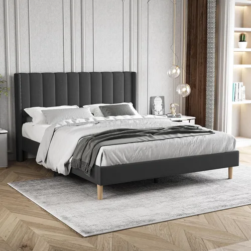 Vista 52 de Zoophyter Base de cama tapizada tamaño King con cabecero, listones de madera fuertes, no necesita somier, fácil montaje, terciopelo beige