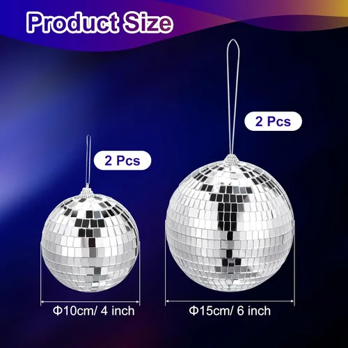 Vista 2 de MECCANIXITY Bola de espejo, bolas reflectantes de 4, 6 pulgadas con anillo para colgar, tono plateado, para DJ, club, escenario, boda, vacaciones