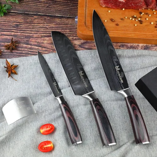 Vista 2 de Juego de cuchillos de cocina de 3 piezas con mango de madera de rosa negra, juego de cuchillos de chef profesional de acero inoxidable alemán