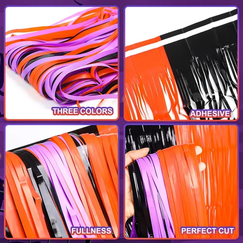 Vista 3 de FOIMAS Paquete de 3 cortinas de flecos de papel de oropel de Halloween, 3.3 x 6.6 pies, negro, naranja, morado, oropel, serpentinas de flecos