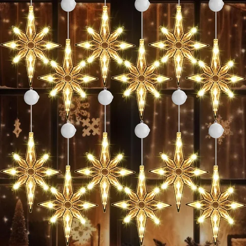 Tujoe 12 luces navideñas para ventana, luces de silueta de ventana con temporizador, ventosa, funciona con pilas, para Navidad, Año Nuevo, hogar,