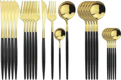 Vista 12 de Juego de cubiertos negros de acero inoxidable de 24 piezas, servicio para 6, vajilla pulida con espejo, cuchillo tenedor y cuchara para el hogar