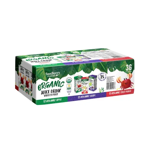 Sunberry Farms Organic Variety Pack Juice Boxes 6.75 fl oz (36 Pack) | Apple, Fruit Punch & Grape | USDA Organic Kids Drinks | No Artificial Flavors