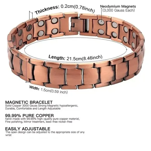Vista 3 de Copper Bracelet for Men Copper Magnetic Bracelet Elegant 99.99% Solid Copper Bracelets with Double-Row Strong Magnets,Magnetic Jewelry