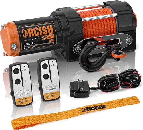 ORCISH Cabrestante eléctrico mejorado de 3500 libras 12V CC, kit de cabrestante ATV/UTV para remolque, cuerda sintética de 1/4 pulgadas x 30 pies
