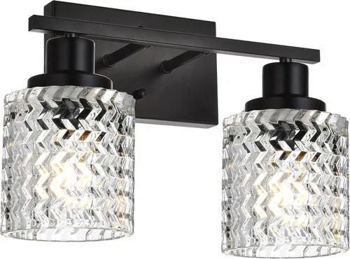 Vista 8 de MELUCEE Aplique de pared de 2 luces con pantalla de vidrio martillado, luces de baño de níquel cepillado sobre el espejo, accesorios de iluminación