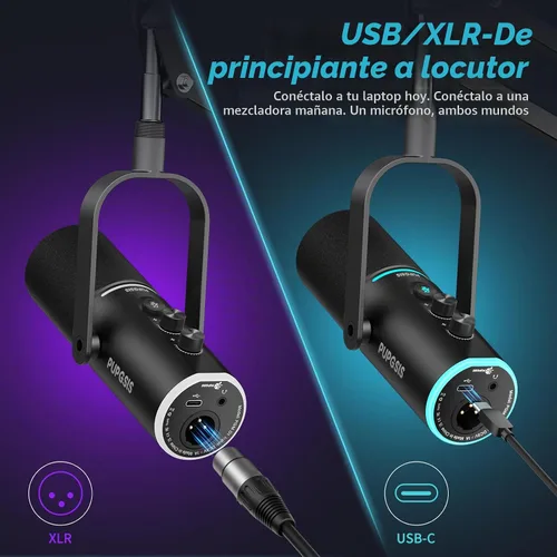 Vista 5 de XLR/USB Micrófono dinámico Podcast para transmisión/grabación Botón de silencio, efectos de reverberación, cancelación de ruido, soporte de brazo