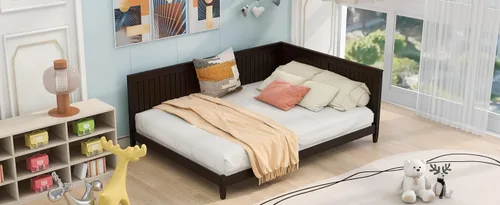Vista 139 de Sofá cama de tamaño individual con 2 cajones y barandilla rústica, cama de plataforma capitán de madera con soporte de listones resistente, sofá