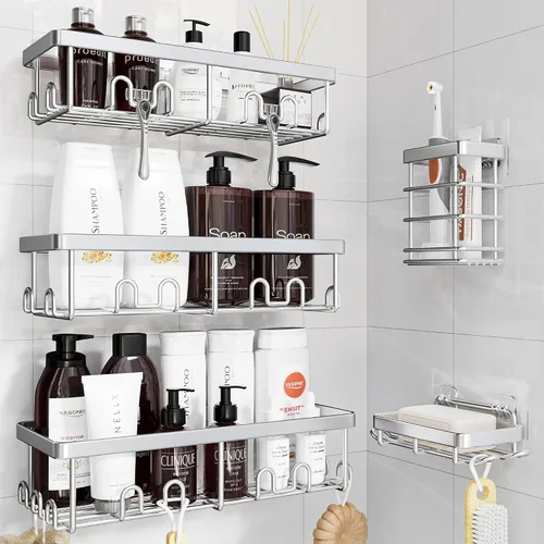 Vista 10 de YASONIC Shower Caddy Adhesive, Rustproof Shower Organizer, Wall Shower Rack Negro