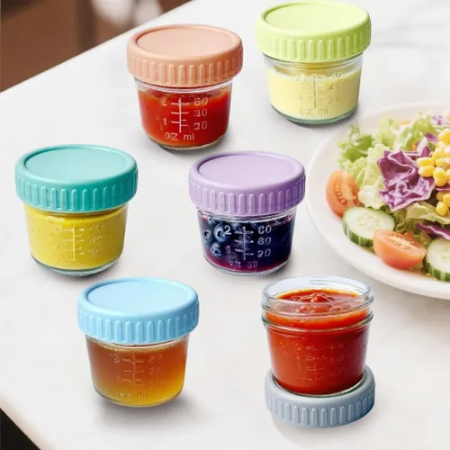 Vista 4 de Paquete de 6 recipientes de vidrio para salsa con tapas, tarros de comida para bebés de 2 onzas con tapas, pequeños recipientes de vidrio