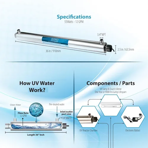 Vista 2 de UV Water Filter Whole House Purifier System 55W Ultraviolet Light Lamp, 110V, 12GPM Flow Rate, 3/4 inch NPT Inlet Outlet Purification by Bluonics