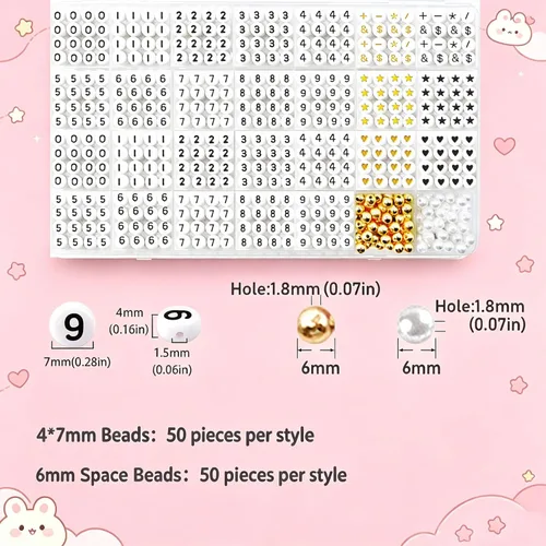 Vista 2 de 1400 cuentas redondas blancas para pulseras, cuentas de símbolos matemáticos digitales del 0-9, juego de cuentas acrílicas de número de teléfono