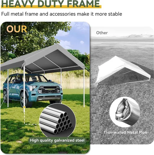 Vista 4 de Aoxun - Cochera portátil y resistente de 10x20 pies con toldo y resistencia al viento, tienda para auto al aire libre con dosel resistente a Gris