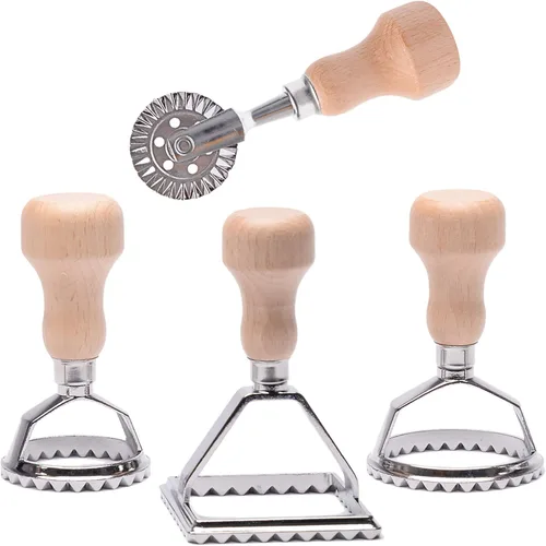 Vista 10 de MASTER FENG Cortador de sellos de ravioles con juego de ruedas de rodillo, molde con mango de madera y borde estriado, accesorio de cocina