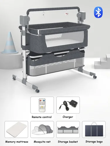 Vista 2 de Cuna multifuncional convertible para bebé, cuna multifuncional para dormir conjuntamente, cuna plegable para niños pequeños con música Bluetooth, 5