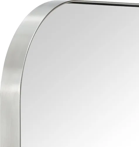 Vista 5 de Espejo de pared rectangular redondeado de níquel cepillado de 22 x 30 pulgadas, espejo de pared rectangular con marco de metal de acero inoxidable