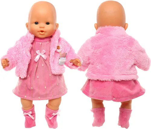 Vista 3 de Ropa de muñeca bebé casual, lindo traje rosa con vestido, abrigo y calcetines. Conjunto de 3 piezas adecuado para muñecas de 14 a 16 pulgadas