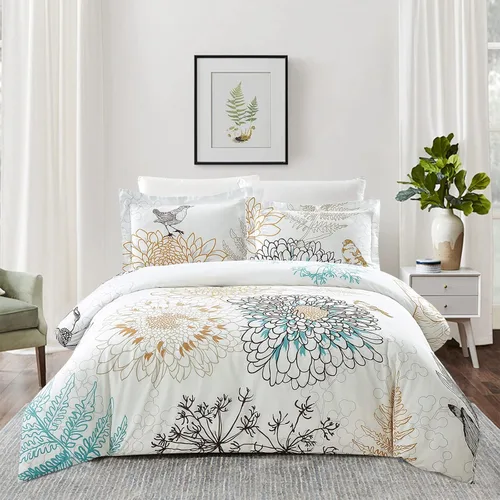 Vista 16 de Style Quarters Dahlia Lane - Juego de funda de edredón de 3 piezas, tallos florales multicolor con siluetas de hojas blancas, 100% algodón, lavable