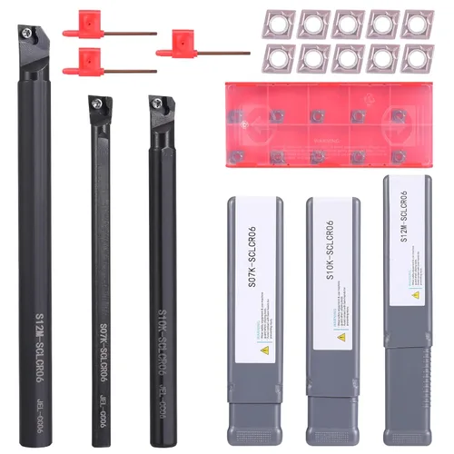 VerRich Kit de herramientas de torneado de torno indexable, 3 barras de taladrado de torno S07K/S10K/S12M-SCLCR06 y 10 piezas de insertos de carburo
