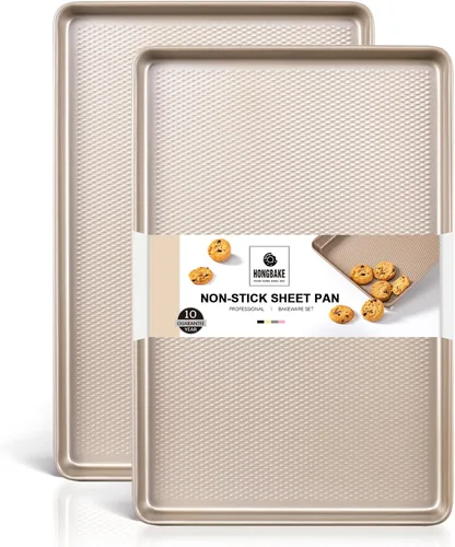 HONGBAKE Paquete de 2 bandejas para hornear de media hoja, bandeja para hornear antiadherente para horno, hojas de galletas de acero al carbono 57%