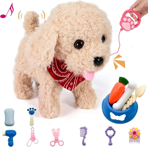 Juguete de Cachorro de Peluche Interactivo que Camina, Perro Robot Electrónico con Control Remoto Cola Realista que Menea, Juego de Aseo Rico,
