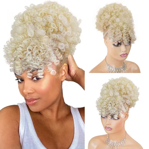 Vista 12 de Cola de caballo con cordón para mujeres negras Afro Puff Cola de caballo con cordón con flequillo Cola de caballo corta crespa y rizada Moño cola