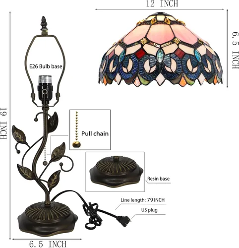 Vista 3 de Tiffany Table Lamp, Pink Stained Glass Desk Light, W12H19 Inch, Metal Leaf Base (Pink Baroque Style)