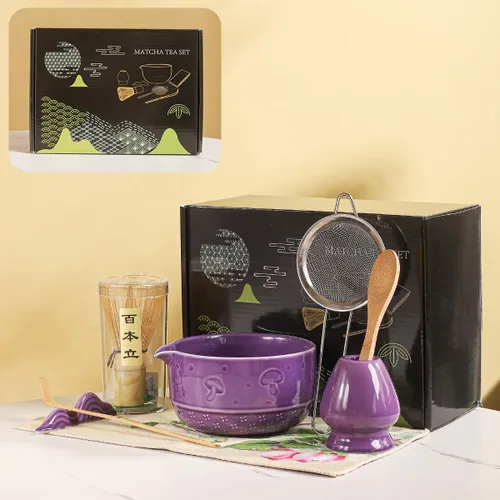 Vista 10 de Juego de matcha, 8 piezas de cerámica Matcha Bowl & Whisk Kit con patrón de setas, Chawan japonés tradicional, Persecución de bambú, cuchara