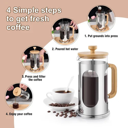 Vista 8 de Sivaphe Cafetera de prensa francesa sin plástico de 34 onzas, tapa de bambú de vidrio borosilicato y asa, prensa de té de café, 8 tazas, 33.8 fl oz