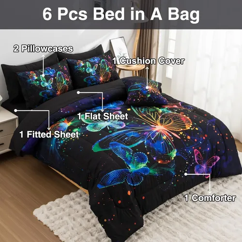 Vista 4 de A Nice Night Juego de ropa de cama con diseño de galaxia, estampado de mariposas 3D volando en el espacio, como mariposas con purpurina, juego